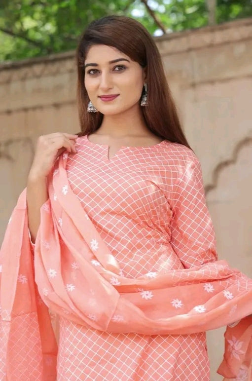 PEACH KURTA PANT WITH DUPATTA | Cotton Kurta Pant Set