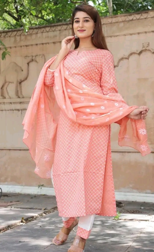 PEACH KURTA PANT WITH DUPATTA | Cotton Kurta Pant Set