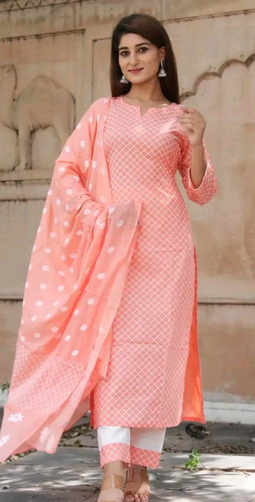 PEACH KURTA PANT WITH DUPATTA | Cotton Kurta Pant Set