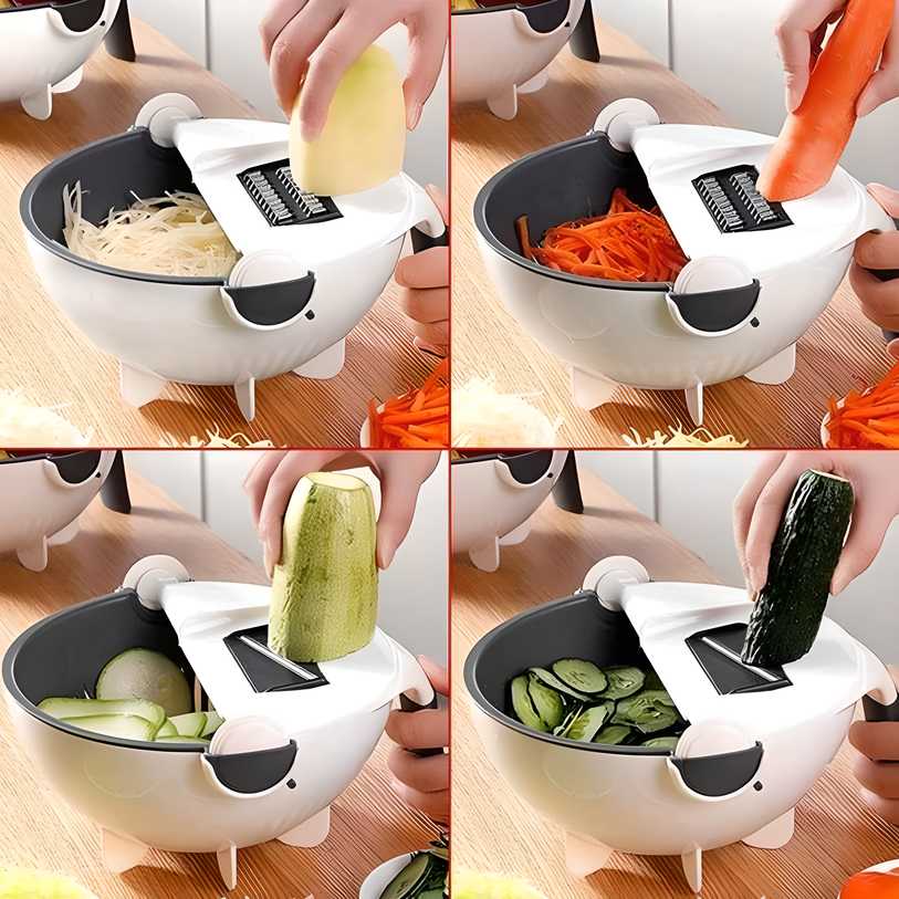 Ak Ultimate 9-in-1 Wet Basket Veg Cutter - Multi-Function Veg Cutter with Drain Basket Vegetable and Fruit Grater & Slicer (White)
