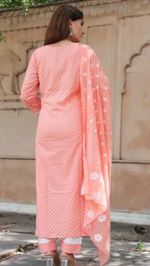 PEACH KURTA PANT WITH DUPATTA | Cotton Kurta Pant Set